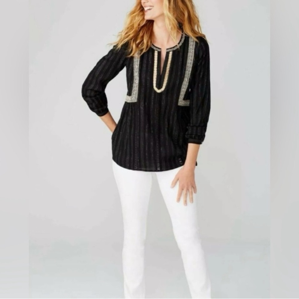 J. Jill Cotton Blend Boho Peasant Black Gold Embroidery Long-Sleeve Tunic Top